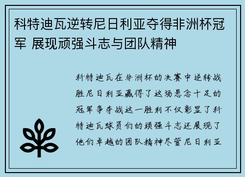 科特迪瓦逆转尼日利亚夺得非洲杯冠军 展现顽强斗志与团队精神